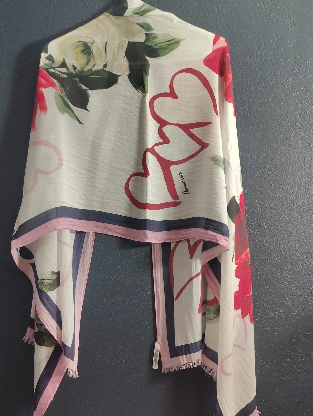 Talbots Pink, White & Navy Modal Lightweight Rose Heart Love Scarf with Fringe
